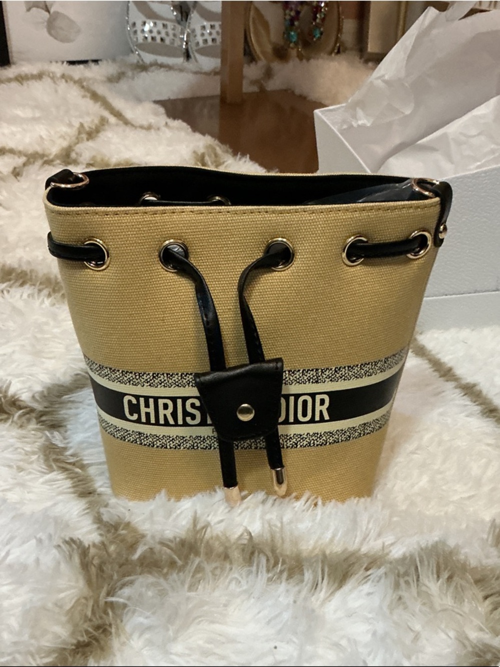 Beige Canvas Bucket Bag with Black Trim